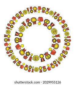 Vector template of a round shape made of gold medals.The set is a frame of yellow medals and orders with red ribbons of various shapes, for victory with an empty space inside for text on a white backg