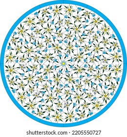 Vector template for round stained glass Edelweiss and forget-me-nots. Mountain flowers, blue plants for glass painting.  Circle Pattern for window, door and ceiling.