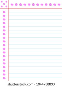Vector template of ruled paper with red border and beautiful flowers on the side and top