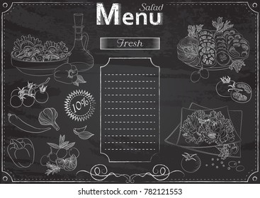 Vector Template With Salad Elements For Menu Stylized As Chalk Drawing On Chalkboard.Design For A Restaurant, Cafe Or Bar