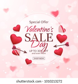 Vector template of sale banner for Valentine’s Day with red hearts and arrows. Holiday pink background for design of flyers with discount offers. With place for text.