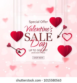 Vector template of sale banner for Valentine’s Day with red paper hearts, arrows and a frame. Holiday pink background for design of flyers with special offers. With place for text.