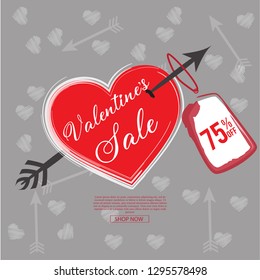 Vector template of sale banner for Valentine’s Day with red hearts and arrows. Holiday gray background for design of flyers with discount offers. With place for text