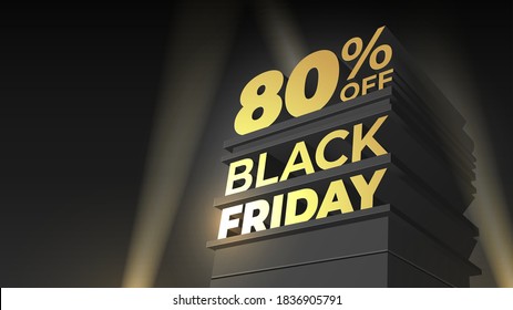 Vector Template For Sale BLACK FRIDAY With 3D Text, Building And Spotlight On Night Sky Background. 80 Eighty Percent OFF. Illustration For Discount, Promo, Flyer, Shop, Business, Cards, Ad.