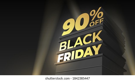 Vector template for sale BLACK FRIDAY with volumetric inscription, building and spotlight on night sky background. 90 ninety percent OFF. Illustration for promo, flyer,discount, shop, business, cards.