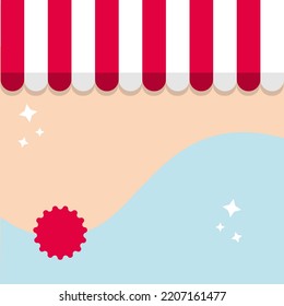Vector, template for sales announcement. Blank template with the drawing of a store, space for text and prices of products and services. Store with thrush. Front of a store.