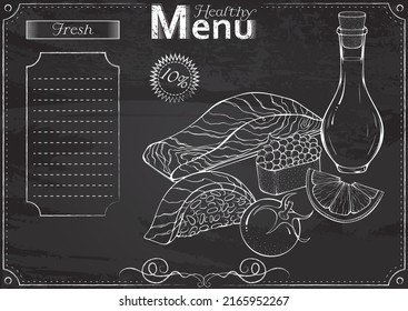 Vector template with salmon and sushi ikura, nigiri, stylized as a chalk drawing on a blackboard. Retro vintage style menu hand drawn elements. Japanese cuisine food. Design for a restaurant, cafe