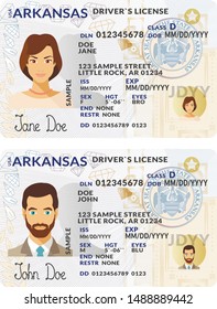 Vector template of sample driver license plastic card for USA Arkansas