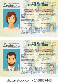 Vector template of sample driver license plastic card for USA Louisiana