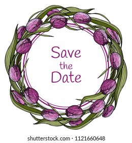 Vector template save the date design with hand drawn flowering lilac tulips isolated on white. Invitation design template, decoration element. 