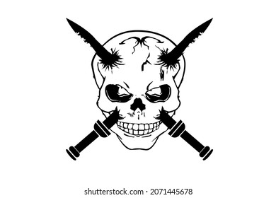 vector template of a scary skull design with two blades on the right and left,