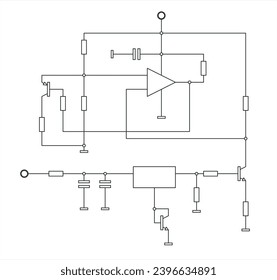 Vector template of schematic diagram of electronic device. 
Drawing electrical circuit with operational amplifier, 
resistor, capacitor, transistor and other components.