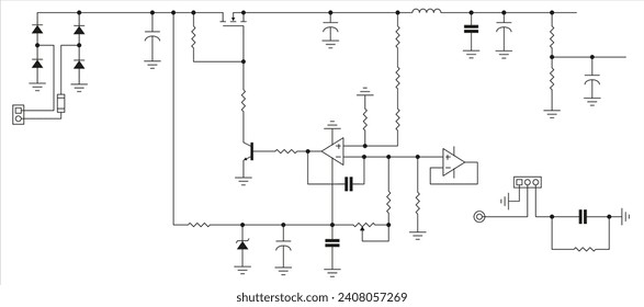 Vector template of schematic diagram of 
electronic device. Drawing electrical circuit with 
operational amplifier, resistor, 
capacitor, transistor and other components.