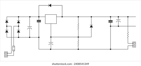 Plantilla vectorial del diagrama esquemático de 
dispositivo electrónico. Circuito eléctrico de dibujo con 
diodo, resistencia, 
condensador, circuito integrado y otros componentes.