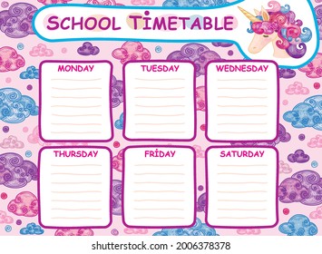 Vector template school timetable,  colorful unicorn and clouds cartoons design.