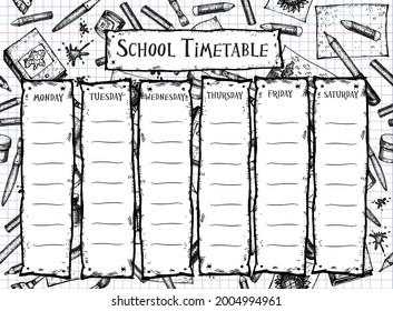 Vector template school timetable. Hand drawn background with school supplies.