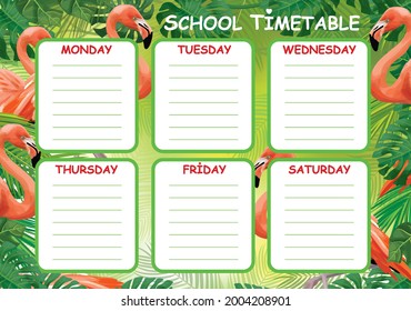 Vector template school timetable, pink flamingo, tropical design.