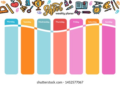 Vector Template School timetable for students and pupils. Illustration includes many hand drawn elements of school supplies. hand drawn doodle flat color illustration.