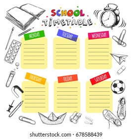 Vector Template School timetable for students and pupils.  Illustration includes many hand drawn elements of school supplies. School notebook sheet style. 