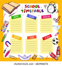 Vector Template School timetable for students and pupils.  Illustration includes many hand drawn elements of school supplies. School notebook sheet style. 
