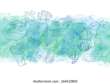 Vector template.  Sea travel. Nautical animals, jellyfish and tropical fish. Blue watercolor card.