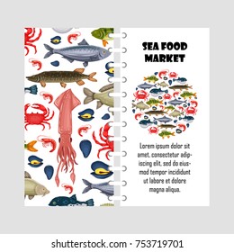 Vector template seafood set with crab, fish, mussel and shrimp isolated on white background. Cover design for restaurant menu, market. Marine creatures in flat style - stock illustration for print.