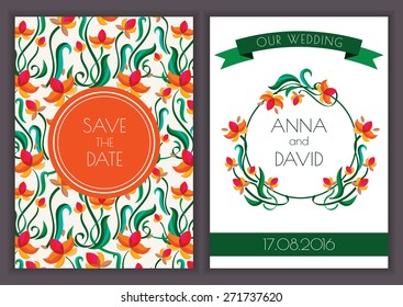 Vector template with seamless floral pattern background. Orange flower wreath and ribbon illustration. Concept for wedding invitation, greeting birthday card. 