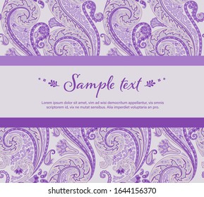 vector template with seamless paisley pattern background. layout for creative use for web page, print, packaging, card, invitation design, wallpaper, advertising. stylized floral ornaments.
