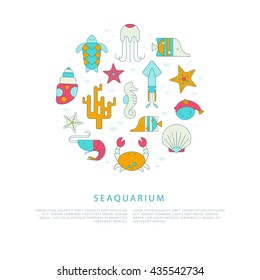 Vector template of seaquarium flyers with sea creatures in liner flat style. Turtle, seahorse, shell, shrimp, squid, coral, crab, starfish, fish. Easy editable. Perfect for promotional materials.