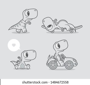 Vector template set of cartoon little dinosaur characters. Standing dinosaur, lying on a skateboard, sitting and driving a car. On a gray background.