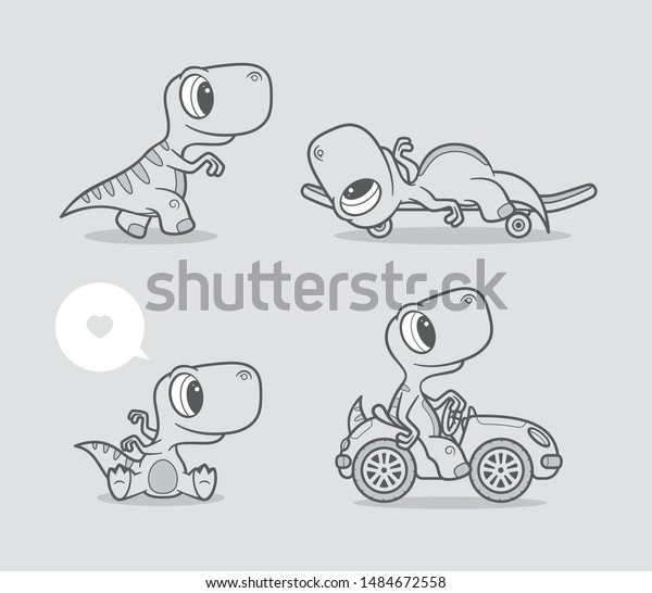 Vector template set of cartoon little\
dinosaur characters. Standing dinosaur, lying on a skateboard,\
sitting and driving a car. On a gray\
background.