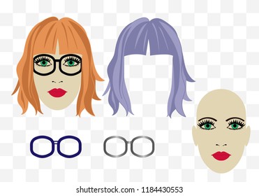 Vector template set of face of woman with modern hairstyle. Different options.
