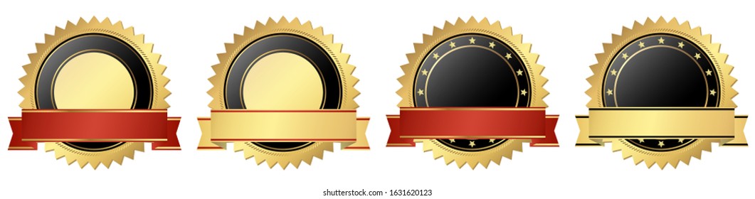 vector template set golden colored seal of quality, certificate medallion with banner