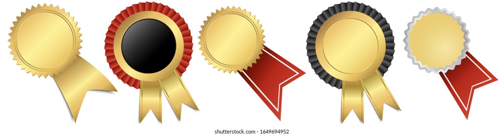 vector template set golden colored seal of quality, certificate medallion with banner