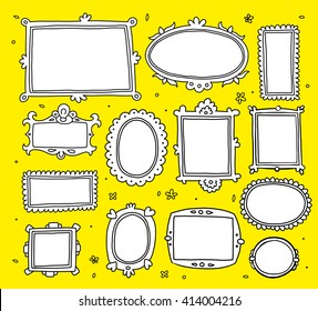 Vector template set of lace blank vintage cartoon photo picture painting drawing frame on yellow background. Thin flat line art design to make a wedding card, invitation, menu