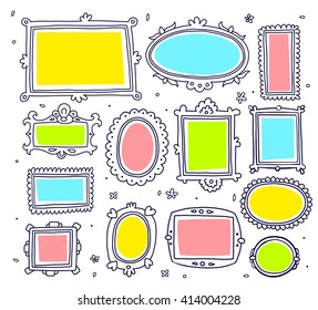 Vector template set of lace vintage cartoon photo picture painting drawing frame with colorful shape on white background. Thin flat line art design to make a wedding card, invitation, menu