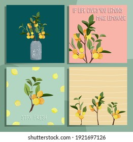  Conjunto de plantillas vectoriales de elementos limoneros para tarjetas, invitaciones, tiendas de alimentos orgánicos y banners. Ilustraciones de cítricos. Si la vida te da limón - haz una cita de limonada. 