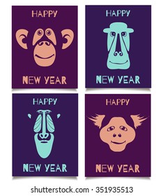 Vector template set with monkey smiling faces. Happy New Year patterns for placards, brochures, posters, greeting cards, flyers. 