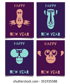 Vector template set with monkey smiling faces. Happy New Year patterns for placards, brochures, posters, greeting cards, flyers.