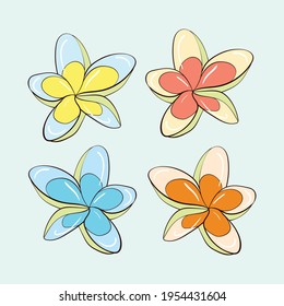 Vector template set of plants and flowers. Collection of multicolored plumeria. Four options. Stock illustration.