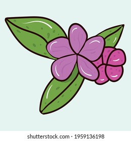 Vector template set of plants and flowers. Purple flower with leaves. Stock illustration.