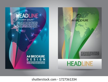 Vector template set of two brochure cover design. A4 flyer, corporate presentation with dotted world map in blue color