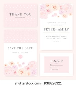 Vector template set. Wedding invitation, rsvp, thank you, save the date card design with elegant rose pink garden. 