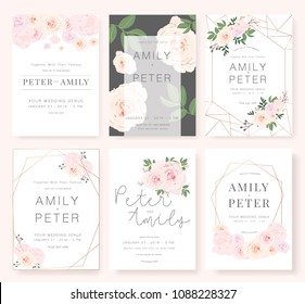 Vector template set. Wedding invitation, rsvp, thank you, save the date card design with elegant rose pink garden. 