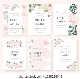 Vector template set. Wedding invitation, rsvp, thank you, save the date card design with elegant rose pink garden. 