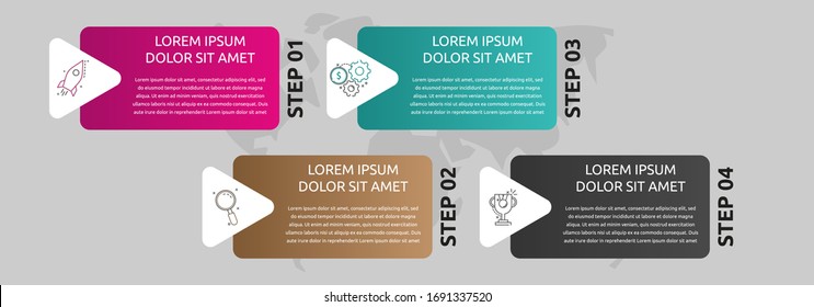 Infografik der Vektorillustration-Vorlage. Geschäftskonzept mit 4 Pfeilen und Etiketten. Vier Schritte für Inhalt, Flussdiagramm, Zeitstrahl, Level