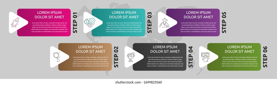 infografía de la forma de la plantilla de vectores. Concepto de negocio con 6 flechas y etiquetas. Seis pasos para contenido, gráfico, diagramas, presentación de diapositivas