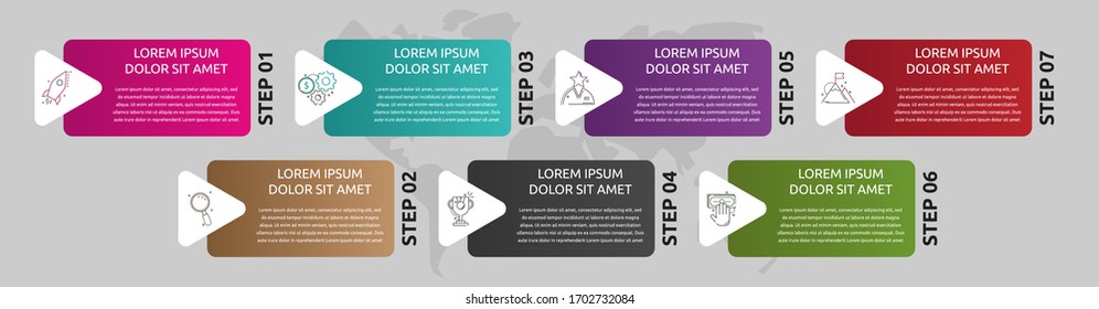 Vector template shape infographic. Business concept with 7 arrows and labels. Seven steps for content, flowchart, timeline, levels