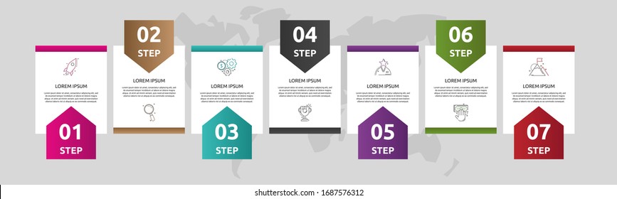 Vector template shape infographics. Business concept with 7 arrows and labels. Seven steps for content, flowchart, timeline, levels