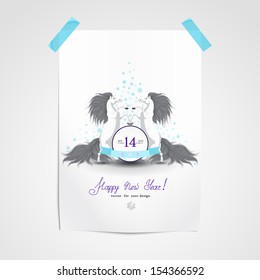 Vector template. Sheet of paper glued with adhesive tape to the wall. Rearing horses. Decorative ribbons, frame and snowflakes. Beautiful hand-lettering - Happy new year!  Year of the Horse. 